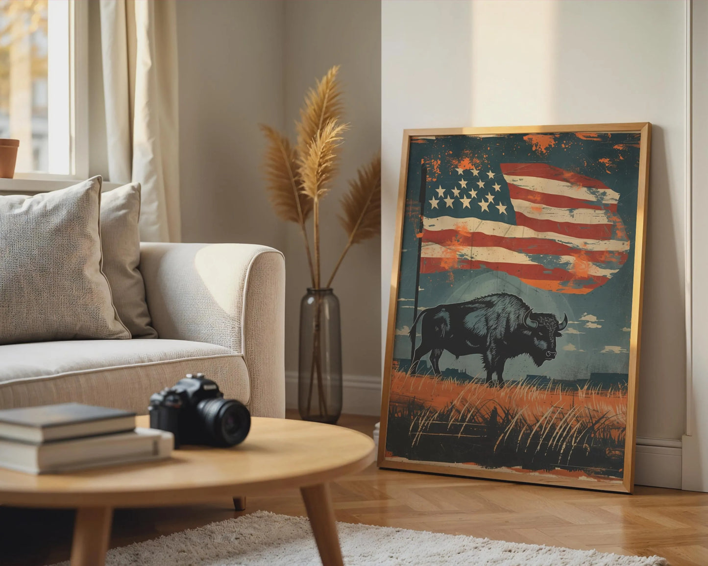 American Buffalo Wall Art, Vintage Rustic Americana Canvas Print