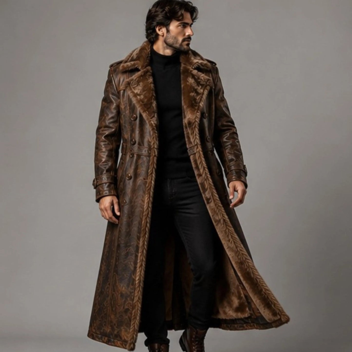 Men's Brown Fur Leather Trench Coat, Genuine Shearling Lined Long Coat
