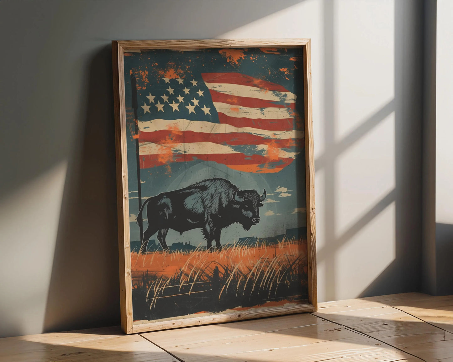 American Buffalo Wall Art, Vintage Rustic Americana Canvas Print