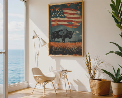 American Buffalo Wall Art, Vintage Rustic Americana Canvas Print