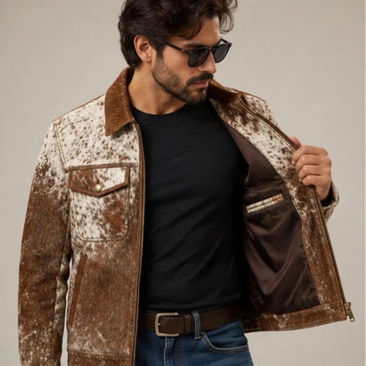 Men's Real Hair On Hide Cowhide Leather Coat , Genuine Pony Skin Jacket