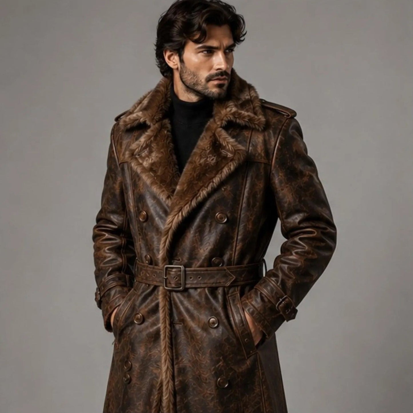 Men's Brown Fur Leather Trench Coat,  Genuine Shearling Lined Long Coat