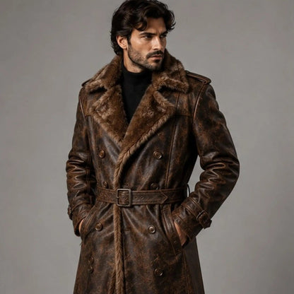 Men's Brown Fur Leather Trench Coat,  Genuine Shearling Lined Long Coat