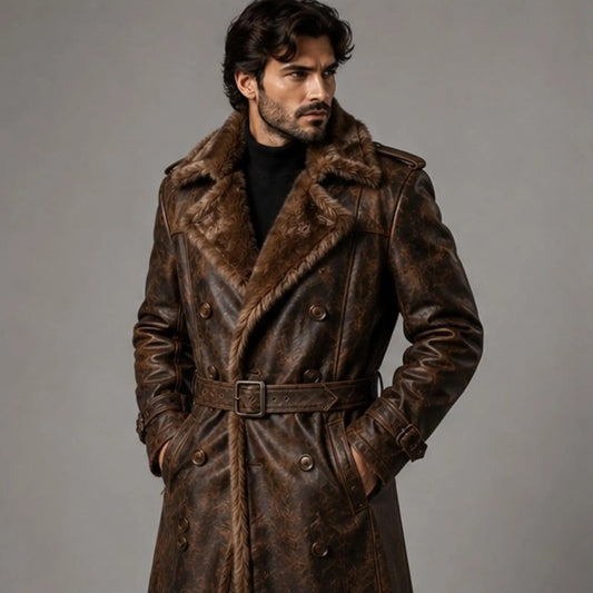Men's Brown Fur Leather Trench Coat,  Genuine Shearling Lined Long Coat