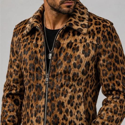 Men's Leopard Print Hair On Hide Leather Coat   Genuine Cowhide Animal Print Jacket