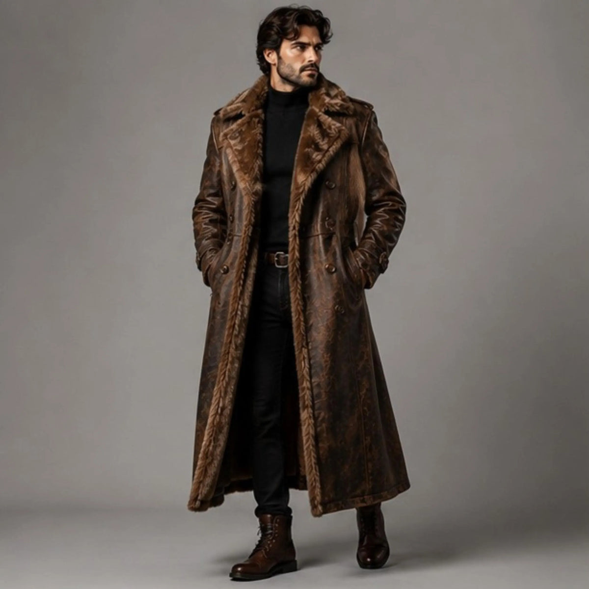 Men's Brown Fur Leather Trench Coat,  Genuine Shearling Lined Long Coat