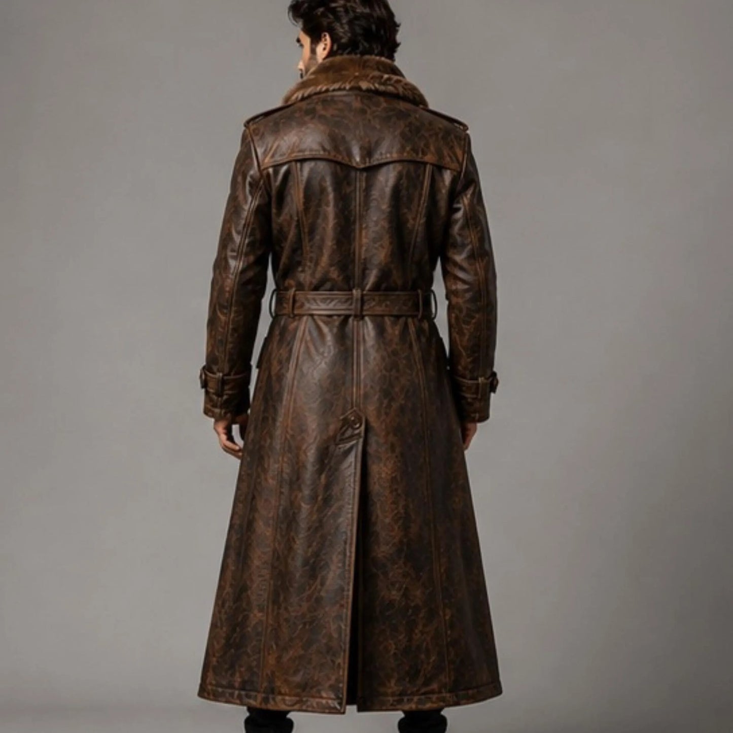 Men's Brown Fur Leather Trench Coat,  Genuine Shearling Lined Long Coat