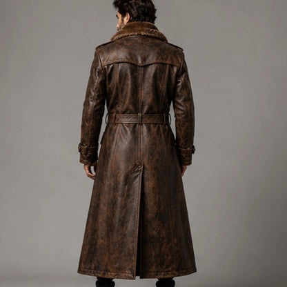 Men's Brown Fur Leather Trench Coat,  Genuine Shearling Lined Long Coat