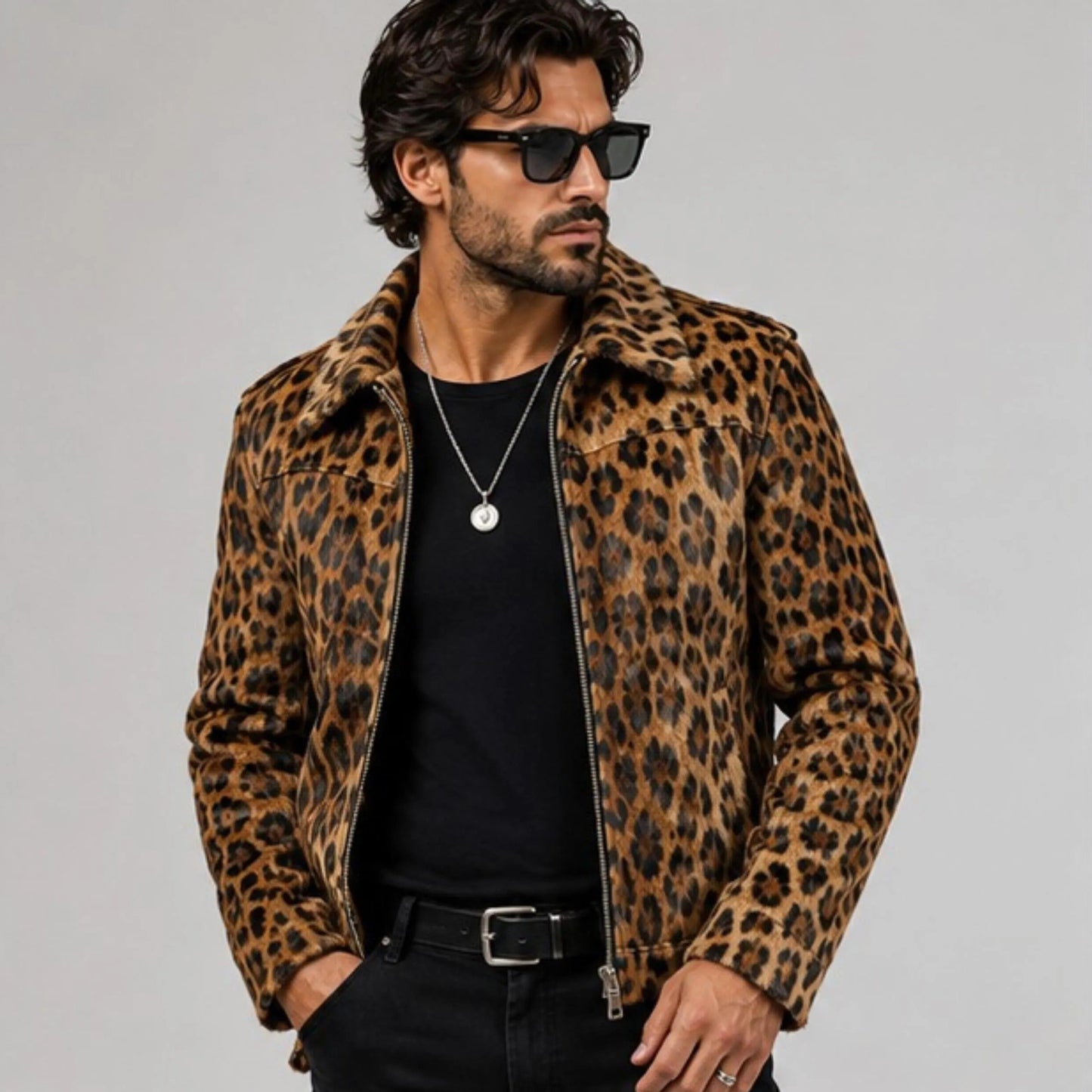 Men's Leopard Print Hair On Hide Leather Coat   Genuine Cowhide Animal Print Jacket