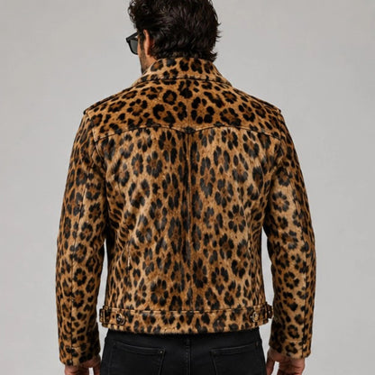 Men's Leopard Print Hair On Hide Leather Coat   Genuine Cowhide Animal Print Jacket