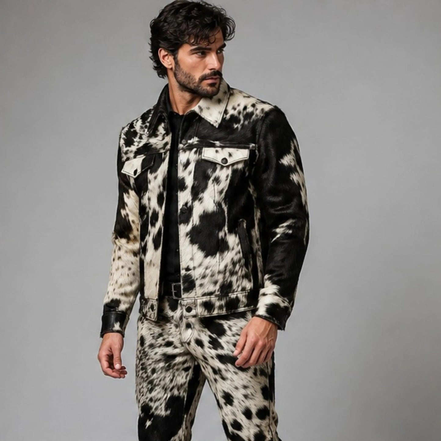 Men's Real Hair On Hide Cowhide Leather Coat,  Genuine Pony Skin Jacket