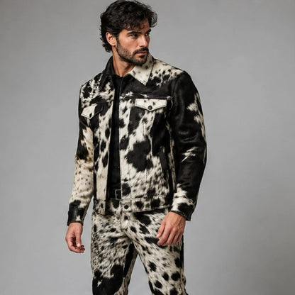 Men's Real Hair On Hide Cowhide Leather Coat,  Genuine Pony Skin Jacket