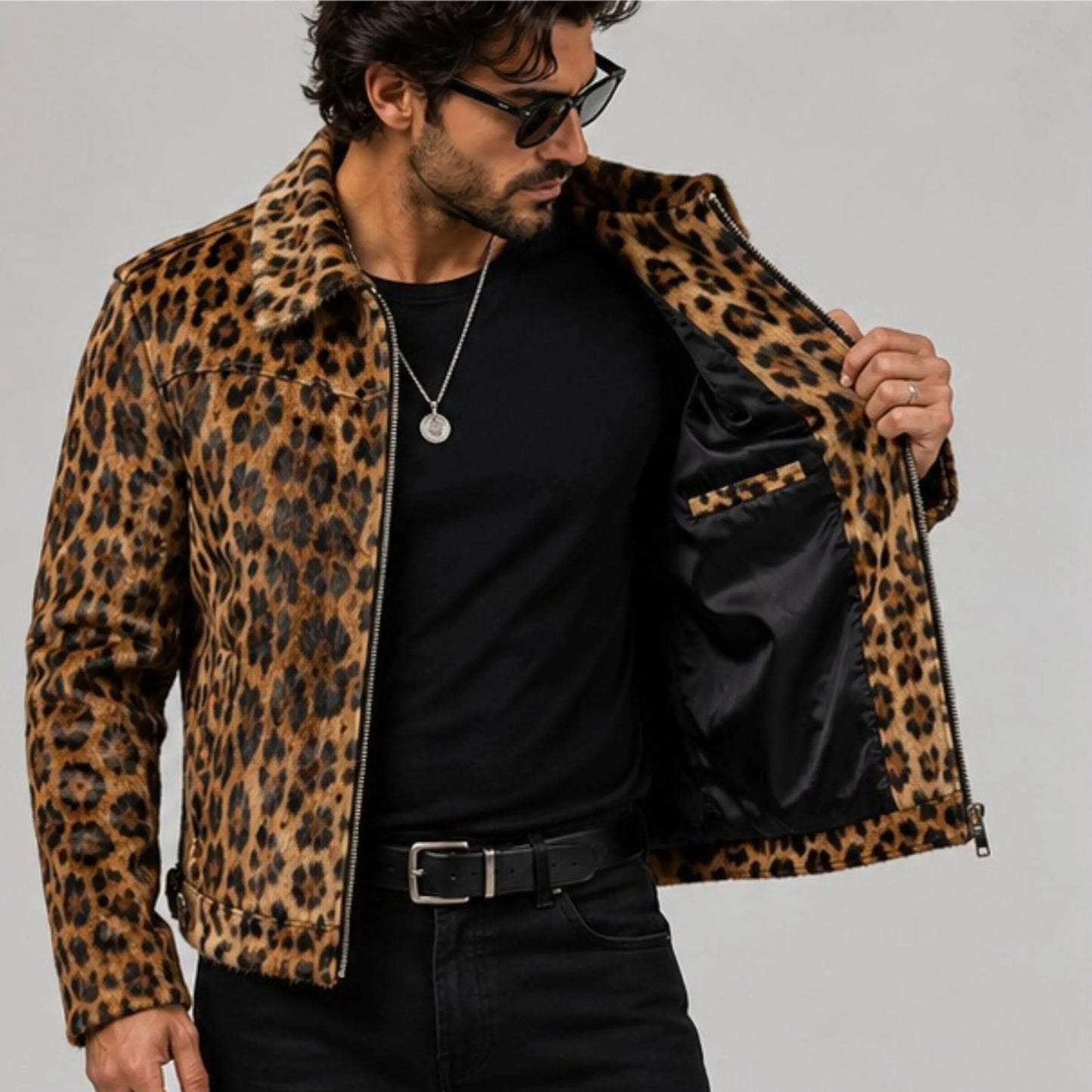 Men's Leopard Print Hair On Hide Leather Coat   Genuine Cowhide Animal Print Jacket