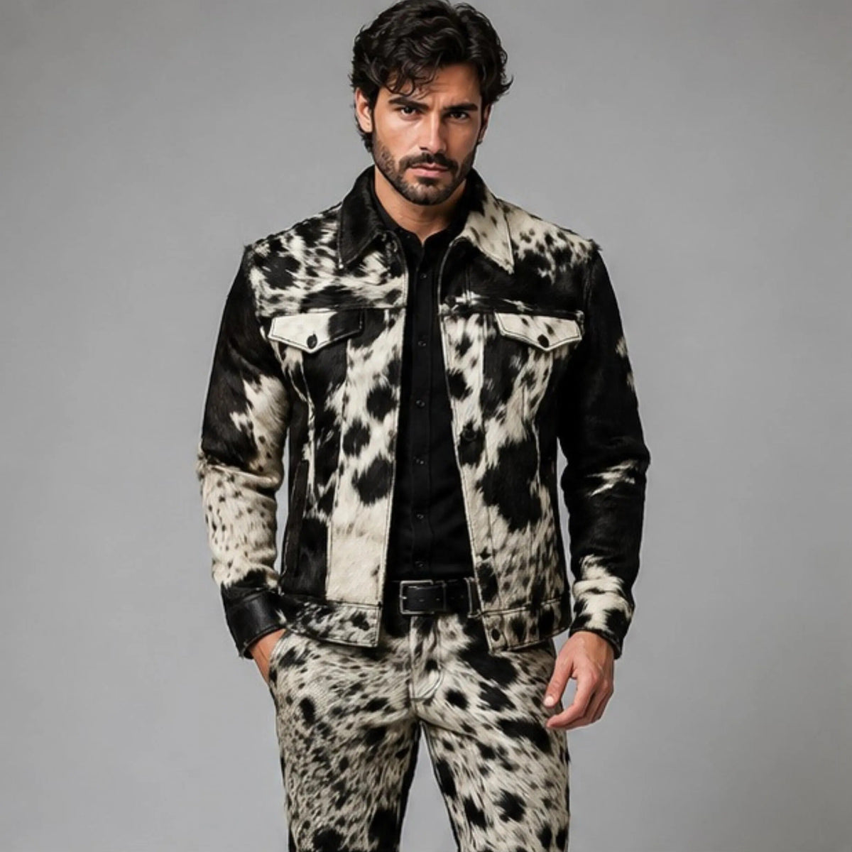 Men's Real Hair On Hide Cowhide Leather Coat,  Genuine Pony Skin Jacket