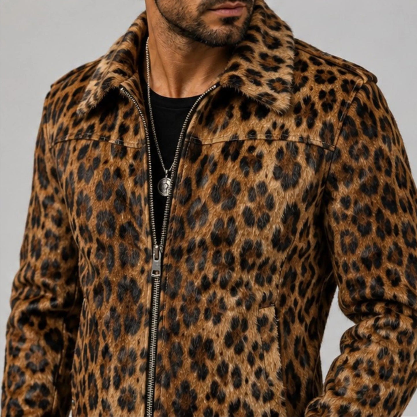 Men's Leopard Print Hair On Hide Leather Coat   Genuine Cowhide Animal Print Jacket