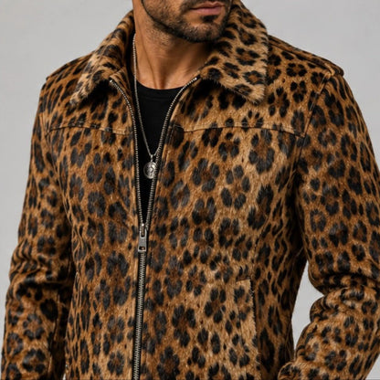 Men's Leopard Print Hair On Hide Leather Coat   Genuine Cowhide Animal Print Jacket