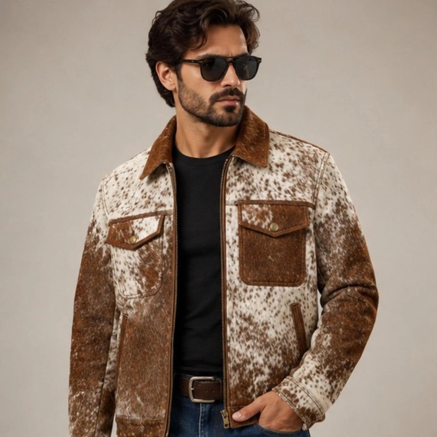 Men's Real Hair On Hide Cowhide Leather Coat , Genuine Pony Skin Jacket