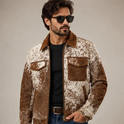 Men's Real Hair On Hide Cowhide Leather Coat , Genuine Pony Skin Jacket